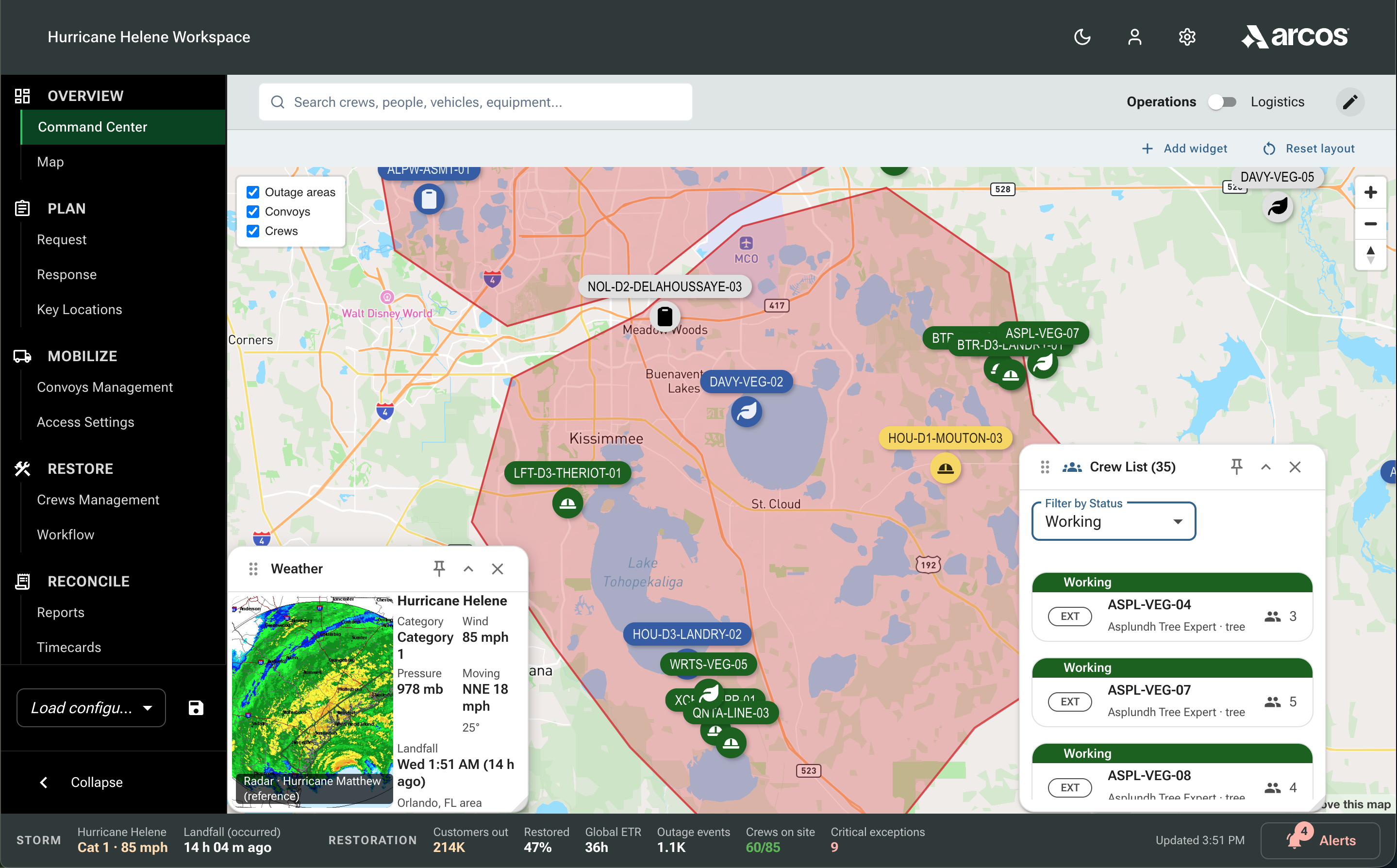 Mark 2: a full-screen restoration map with crews and convoys marked on it, floating weather and crew list panels, an Operations and Logistics switch, and a storm and restoration bar along the bottom. The left navigation groups pages under Overview, Plan, Mobilize, Restore and Reconcile.