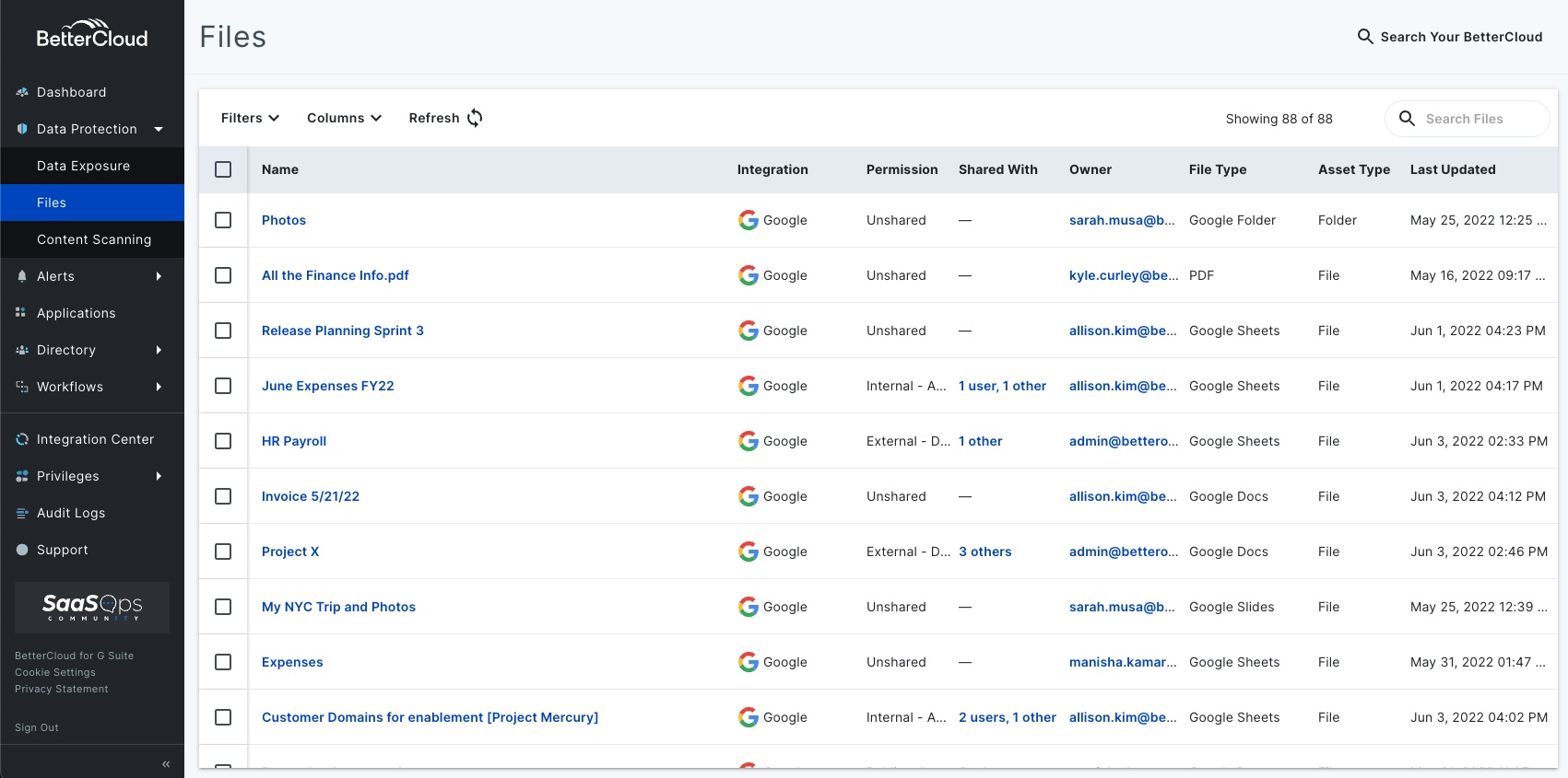 The legacy Files page, showing 88 of 88 files in a table of name, integration, permission, shared with, owner, file type, asset type, and last updated, with Filters, Columns, and Refresh above it.