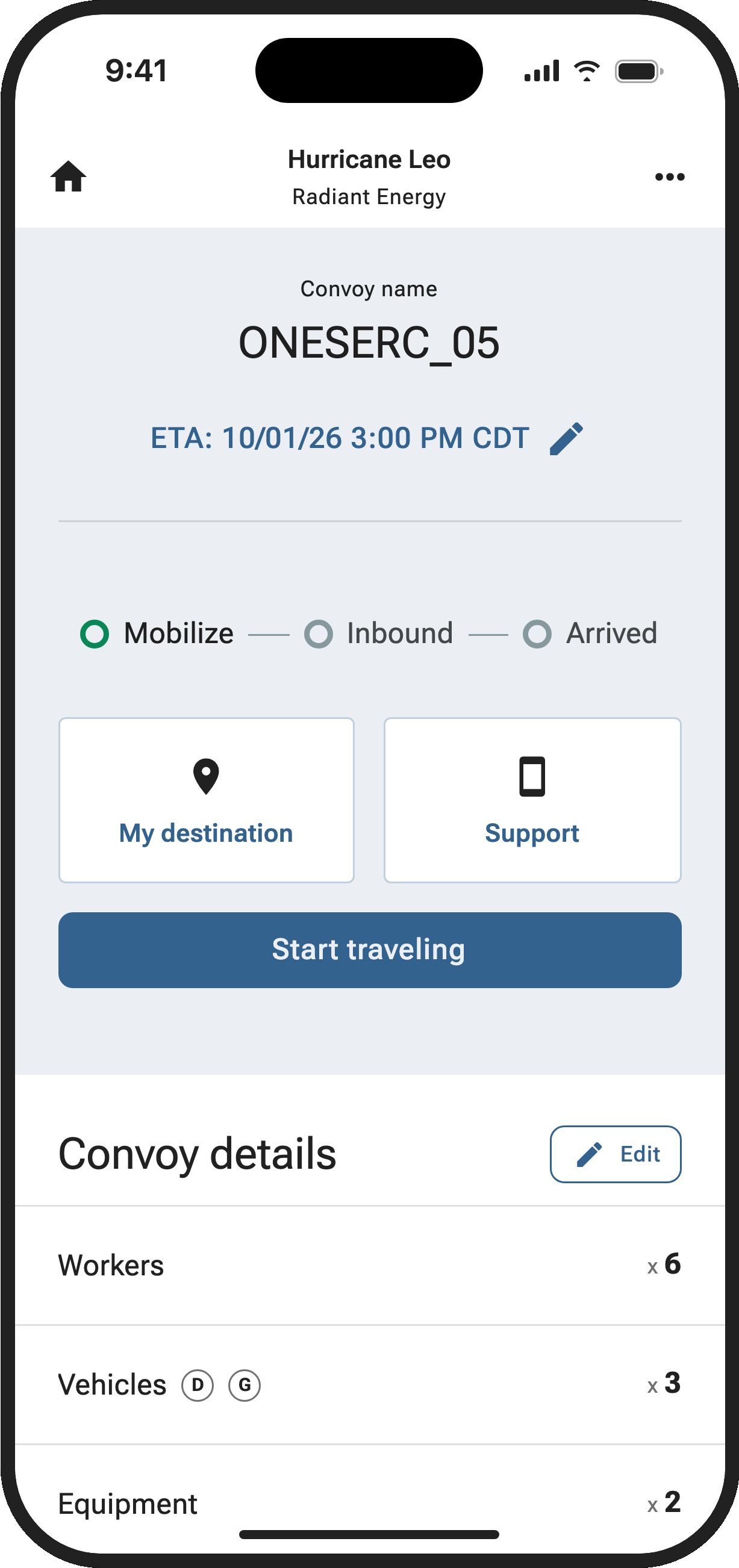Arcos Field convoy screen showing an editable arrival estimate, travel status, destination, support, and the Start traveling action.