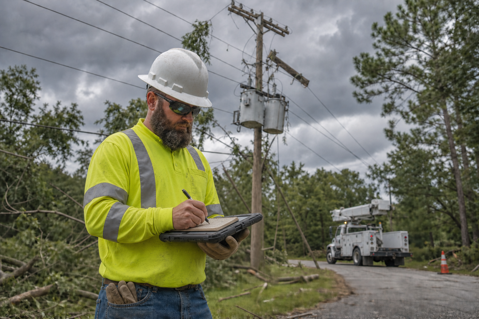 Illustration of a lineman in a hard hat and hi-vis shirt writing in a notebook resting on a rugged tablet, standing near storm debris and a downed line with a bucket truck in the background.