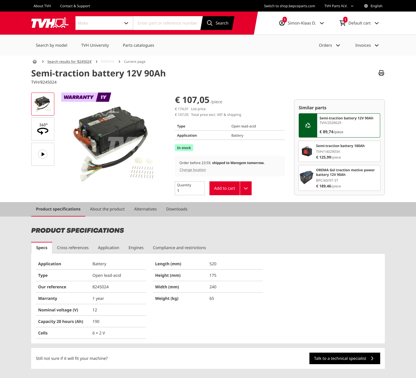 The Innovatis product page for the same Semi-traction battery 12V 90Ah. The title and reference lead, above a large product image with thumbnails, a price of 107,05 euros per piece with list price and total, key specifications, an In stock badge, a delivery promise, a quantity field and Add to cart button, and a Similar parts panel. Tabs lead to a Product specifications table with Specs and other tabs.