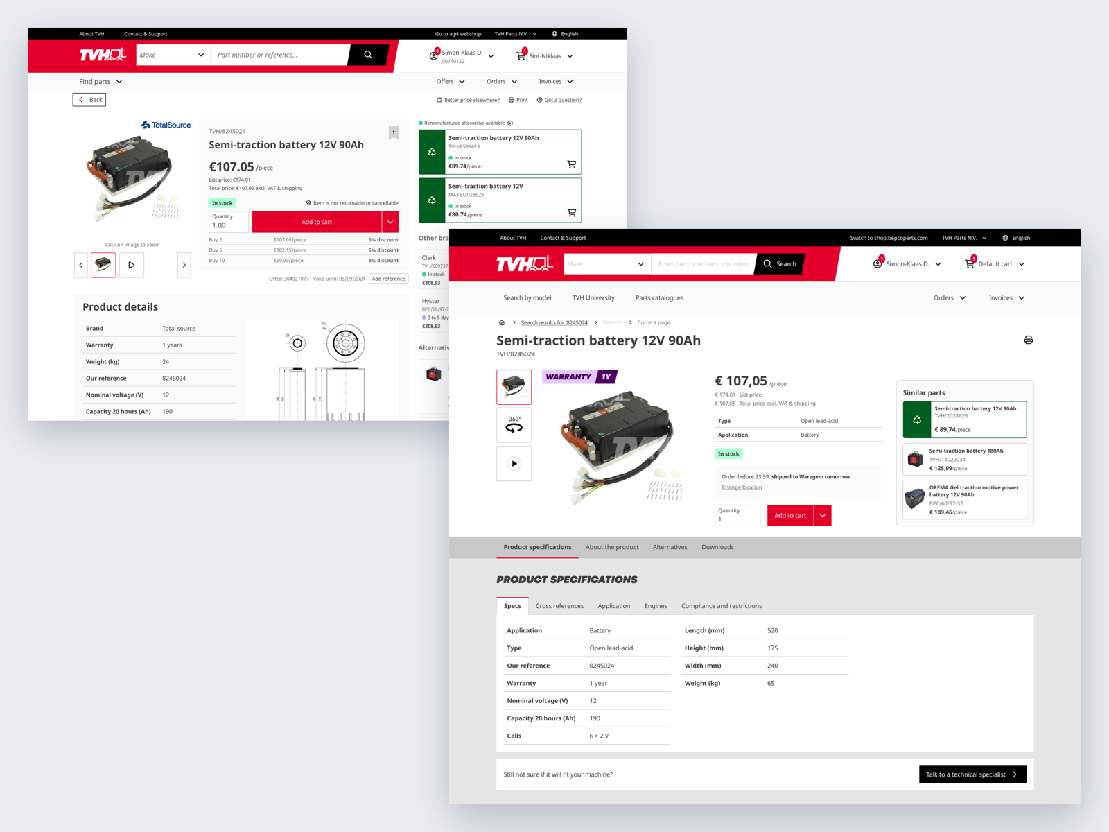 Two TVH parts-shop product pages for the same Semi-traction battery 12V 90Ah, overlapping on a pale blue-gray background. Behind, the eShop Neo page, with a product image and thumbnails, a price and stock badge above an Add to cart button and quantity discounts, two green remanufactured alternative cards, other brands, and the start of a product details table. In front, the Innovatis page, with a large product image beside a price, list price and total, key specifications, an In stock badge, a delivery promise, a quantity field and Add to cart button, a similar parts panel, and a product specifications table.