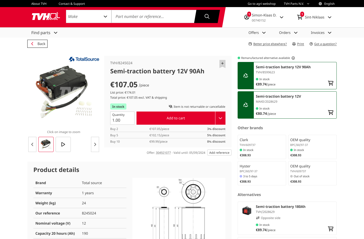 The eShop Neo product page for a Semi-traction battery 12V 90Ah. A product image with thumbnails sits beside the title, a price of 107.05 euros per piece, list price, an In stock badge, a quantity field, an Add to cart button, and quantity discounts. To the right are two green remanufactured alternative cards, an Other brands grid, and an Alternatives panel. A Product details table starts below.