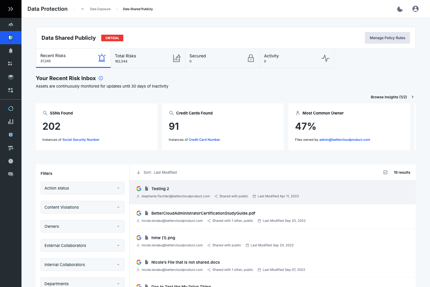 BetterCloud Secure risk inbox showing risk lifecycle tabs, sensitive-content insights, filters, and a list of publicly shared files.