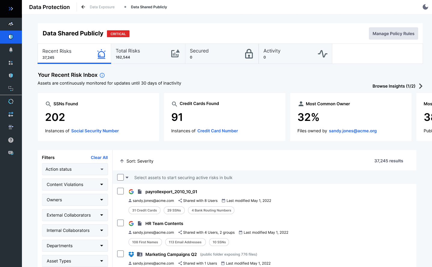 The risk inbox for Data Shared Publicly, marked Critical. Tabs for Recent Risks (37,245), Total Risks (162,544), Secured (0), and Activity (0). Insight cards for SSNs found, credit cards found, and most common owner. A filter column on the left, with Action status, Content Violations, Owners, collaborators, departments, and asset types, and a list of 37,245 results sorted by severity, with a bulk-select row above the files.