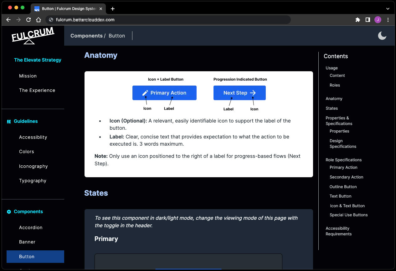 Fulcrum documentation site showing component navigation and usage guidelines for the design team